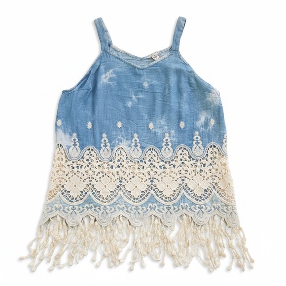 Cato Tops - Womens Blue Boho Chambray Tank Top Large Crochet Lace Fringe Festival Coastal